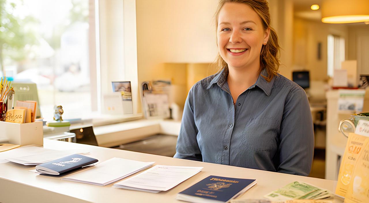 Glimlachend teamlid achter de balie van een reisservice in Schagen met reisdocumenten en valuta op tafel