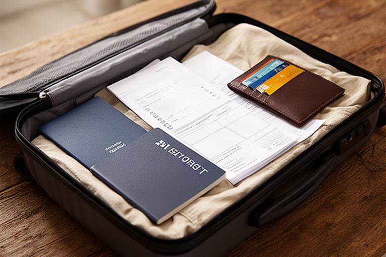 Open koffer met reisdocumenten, portemonnee en checklist op een houten tafel